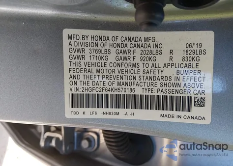 2019 Honda Civic Lx z USA, uszkodzony, nr VIN 2HGFC2F64KH570186